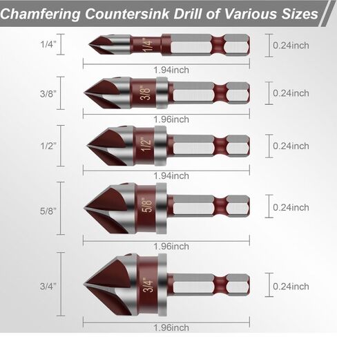 5PCS Countersink Drill Bit Set, 82 Degree HSS Counter Sink Drill Bit for Wood, Metal, Plastic, 1/4"-3/4" with 1/4" Hex Shank Countersink Bit Set, Crimson in Kuwait