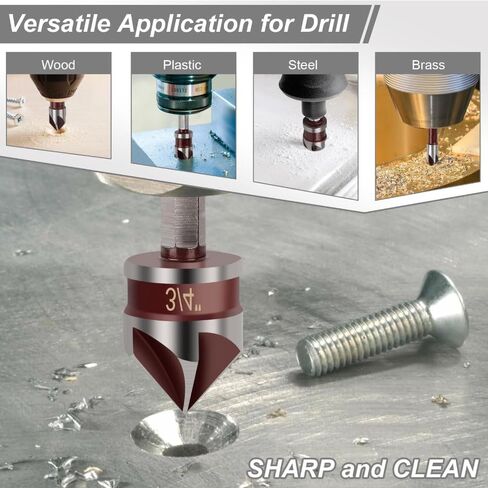 5PCS Countersink Drill Bit Set, 82 Degree HSS Counter Sink Drill Bit for Wood, Metal, Plastic, 1/4"-3/4" with 1/4" Hex Shank Countersink Bit Set, Crimson in Kuwait