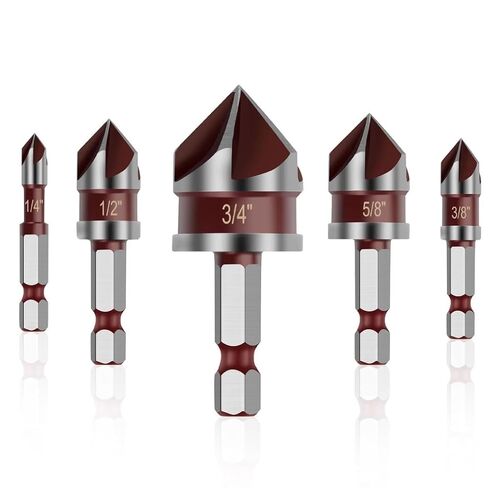 5PCS Countersink Drill Bit Set, 82 Degree HSS Counter Sink Drill Bit for Wood, Metal, Plastic, 1/4"-3/4" with 1/4" Hex Shank Countersink Bit Set, Crimson in Kuwait