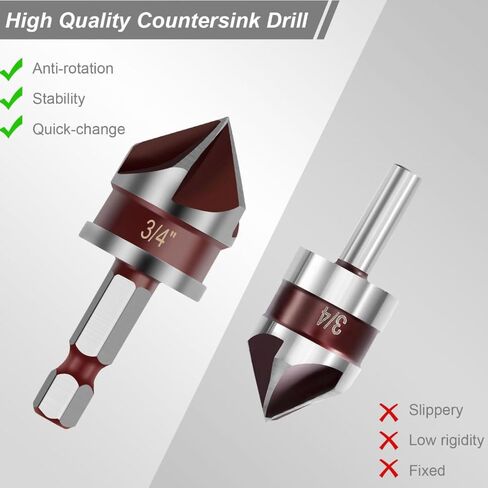 5PCS Countersink Drill Bit Set, 82 Degree HSS Counter Sink Drill Bit for Wood, Metal, Plastic, 1/4"-3/4" with 1/4" Hex Shank Countersink Bit Set, Crimson in Kuwait