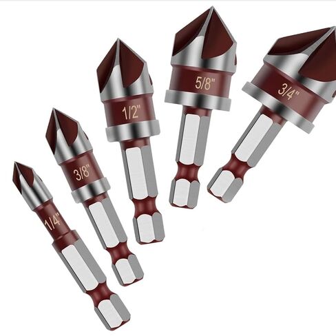 5PCS Countersink Drill Bit Set, 82 Degree HSS Counter Sink Drill Bit for Wood, Metal, Plastic, 1/4"-3/4" with 1/4" Hex Shank Countersink Bit Set, Crimson in Kuwait