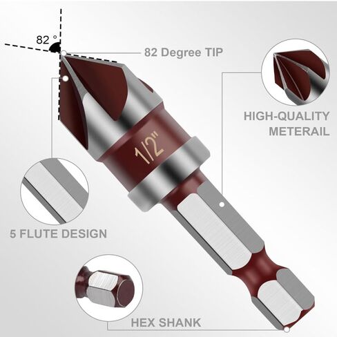 5PCS Countersink Drill Bit Set, 82 Degree HSS Counter Sink Drill Bit for Wood, Metal, Plastic, 1/4"-3/4" with 1/4" Hex Shank Countersink Bit Set, Crimson in Kuwait