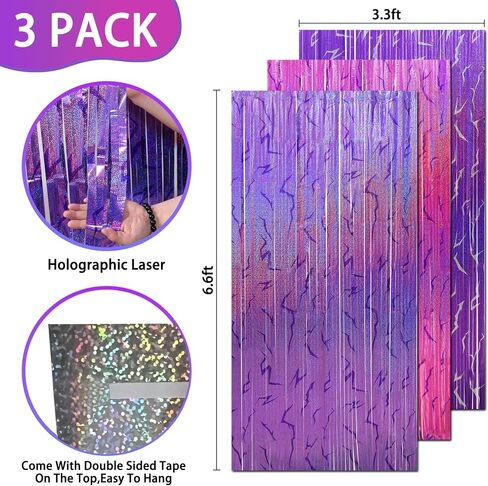 3 Pack Demon Hunters Birthday Foil Fringe Curtains Decor, Pink Purple Demon Energy Pattern Backdrop Sparkling Holographic Laser 6.6ft Streamer-Korean Idol Decor for Party Birthday Baby Shower in Kuwait