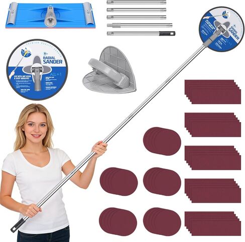 Drywall Pole Sander Kit with Corner Sander, 2 Sanding Heads & 50 Sandpaper | 5-Piece Extension Pole (12–52 in), Ideal for Wall Sanding, Paint Prep, Popcorn Ceiling Removal, and Home Renovation in Kuwait