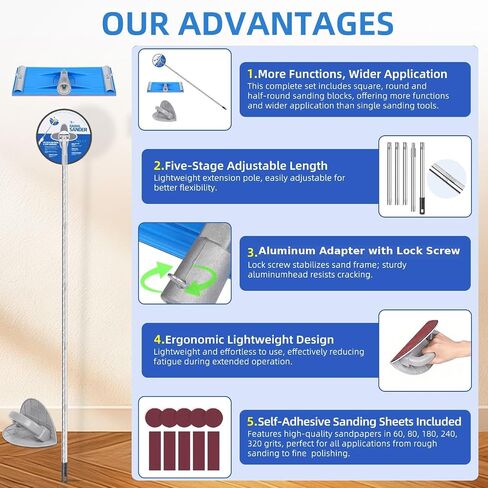 Drywall Pole Sander Kit with Corner Sander, 2 Sanding Heads & 50 Sandpaper | 5-Piece Extension Pole (12–52 in), Ideal for Wall Sanding, Paint Prep, Popcorn Ceiling Removal, and Home Renovation in Kuwait
