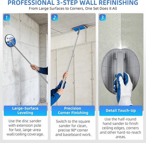 Drywall Pole Sander Kit with Corner Sander, 2 Sanding Heads & 50 Sandpaper | 5-Piece Extension Pole (12–52 in), Ideal for Wall Sanding, Paint Prep, Popcorn Ceiling Removal, and Home Renovation in Kuwait