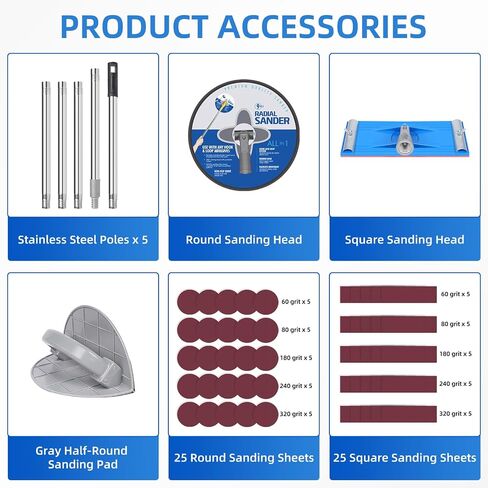 Drywall Pole Sander Kit with Corner Sander, 2 Sanding Heads & 50 Sandpaper | 5-Piece Extension Pole (12–52 in), Ideal for Wall Sanding, Paint Prep, Popcorn Ceiling Removal, and Home Renovation in Kuwait