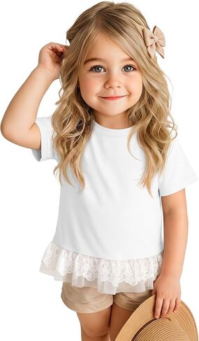 Toddler Girls Short Sleeve Shirts Baby Girl Cotton Lace Hem Crewneck Tops Kids Summer Cute Clothes 18M-5T in Kuwait