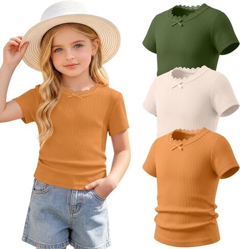 Halfchet 3 Pack Toddler Girls Short Sleeve Shirts Baby Cotton Lace Trim Bow Ribbed T Shirts Side Ruched Summer Tops 18M-5T in Kuwait