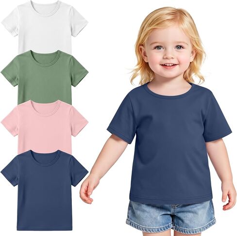 4 Pack Toddler Girls Shirts Crew Neck T Shirts Baby Girl Short Sleeve Basic Tops Casual Cute Tees 18M-5T in Kuwait