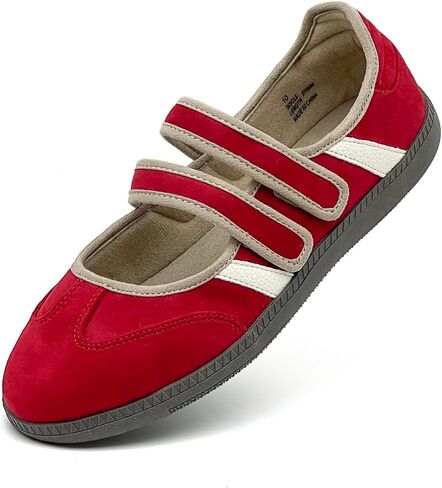 Mary Jane Shoes for Women, Breathable Lightweight Casual Flats Sneakers PU Leather Non-Slip Memory Foam Comfortable Slip On Dressy Ballet Shoes, Red in Kuwait