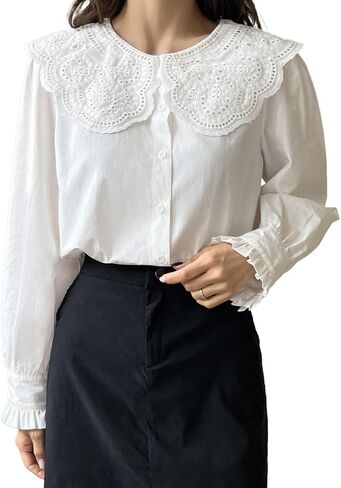 Women's Classic-Fit Shirt Embroidery Collar Flounce Sleeve Blouse,Long Sleeve in Kuwait
