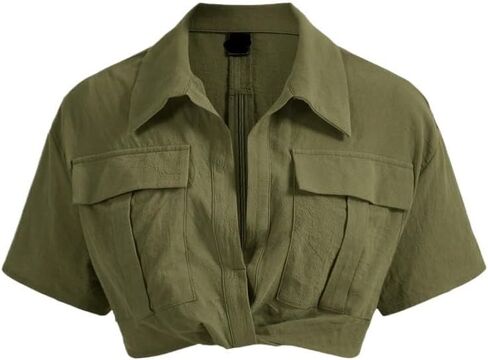 Women's Classic-Fit Shirt Pocket Drop Shoulder Crop Blouse in Kuwait