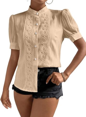 Women's Classic-Fit Shirt Lace Stand Collar Short Puff Sleeve Shirt in Kuwait