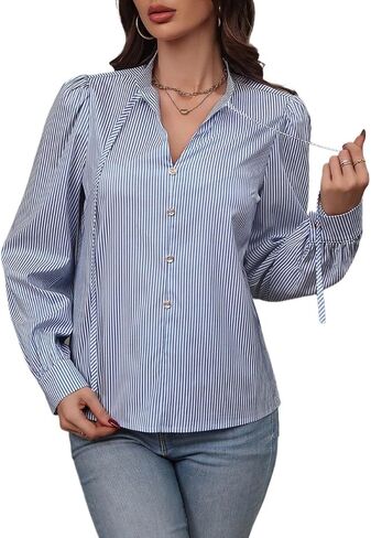 Women's Classic-Fit Shirt Striped Tie Neck Lantern Sleeve Blouse in Kuwait