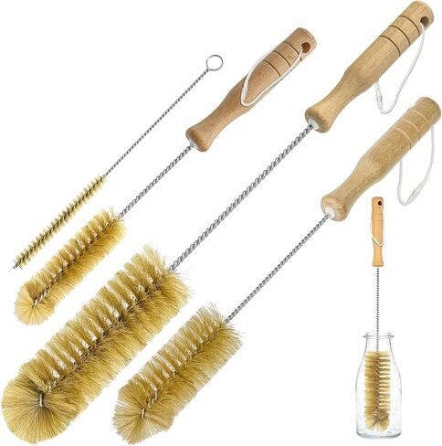 Boar Bristle Bottle Brush Set (4 Pack) - Straw & Water Bottle Cleaner with Long Wooden Handles, Scrubber for Stanley Cups, Tumblers & Jars, 304 Stainless Steel Wire, Kraft Packaging in Kuwait