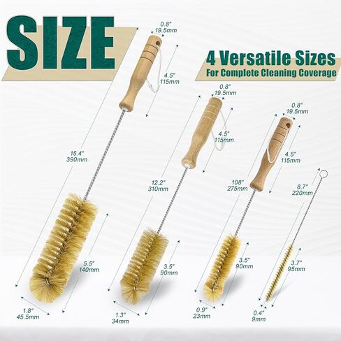 Boar Bristle Bottle Brush Set (4 Pack) - Straw & Water Bottle Cleaner with Long Wooden Handles, Scrubber for Stanley Cups, Tumblers & Jars, 304 Stainless Steel Wire, Kraft Packaging in Kuwait
