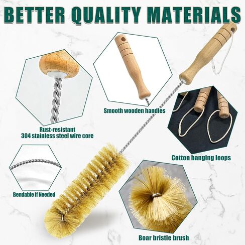 Boar Bristle Bottle Brush Set (4 Pack) - Straw & Water Bottle Cleaner with Long Wooden Handles, Scrubber for Stanley Cups, Tumblers & Jars, 304 Stainless Steel Wire, Kraft Packaging in Kuwait