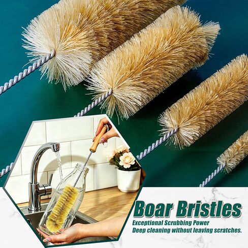 Boar Bristle Bottle Brush Set (4 Pack) - Straw & Water Bottle Cleaner with Long Wooden Handles, Scrubber for Stanley Cups, Tumblers & Jars, 304 Stainless Steel Wire, Kraft Packaging in Kuwait