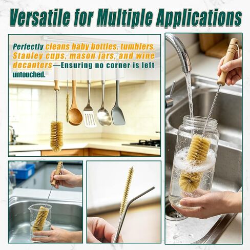 Boar Bristle Bottle Brush Set (4 Pack) - Straw & Water Bottle Cleaner with Long Wooden Handles, Scrubber for Stanley Cups, Tumblers & Jars, 304 Stainless Steel Wire, Kraft Packaging in Kuwait
