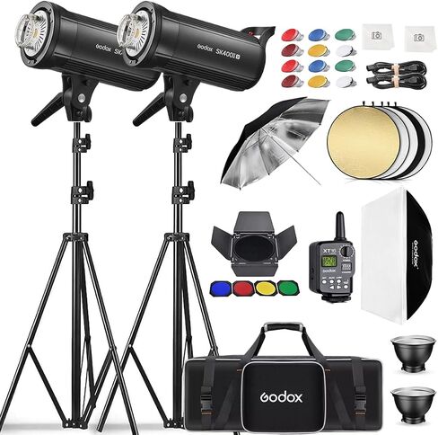 2pcs Godox SK400IIV Studio Flash Kit,800Ws Strobe Photography Lighting with Stands,XT-16 Trigger,Bowens Mount Softbox,Umbrella,5-in-1 Reflector Carry Bag for Portrait Product Wedding Shooting in Kuwait
