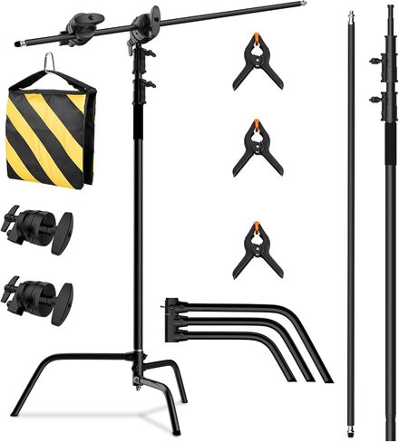 C Stand with Boom Arm, 10.8ft/330cm Heavy Duty Photography Light Stand Kit | Stainless Steel C-Stand with 4.2ft/128cm Boom Arm, Sandbag, Adjustable Base for Studio Softbox Monolight Reflector, Silver in Kuwait