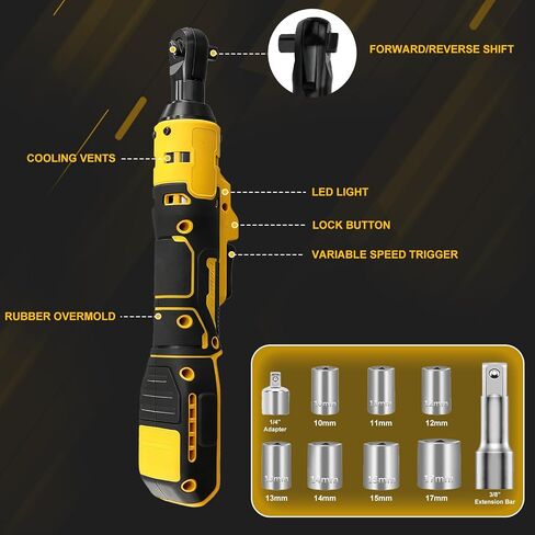 3/8" Electric Cordless Ratchet Right Angle Wrench Impact Power Tool Compatible with 20V DeWalt Battery with 7 Sockets, 3" Extension Bar, 1/4" Adapter(No Battery included) in Kuwait