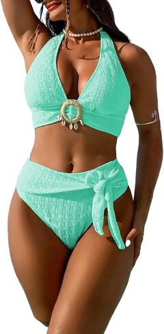 Women's Bikini Set Women's Solid Color Neck Bikini Set in Kuwait