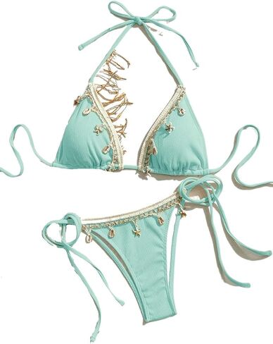 Women's Bikini Set Solid Color Satin Ribbon & Shell Cup Tie Bikini Set in Kuwait