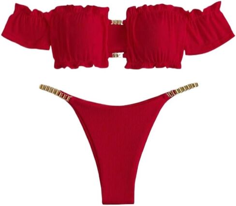 Women's Bikini Set Solid Color Hollow Bikini with Ruffled Cute Sexy Swimwear Set in Kuwait