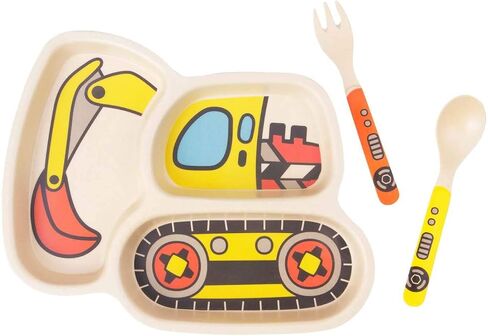 Kid Plate Set Bamboo Toddler Plates Dinnerware Dinner Dish Set Baby Feeding Spill Proof Divided Plate - Baby Spoon and fork 3-Piece Set for Kids and Toddlers (excavator) in Kuwait
