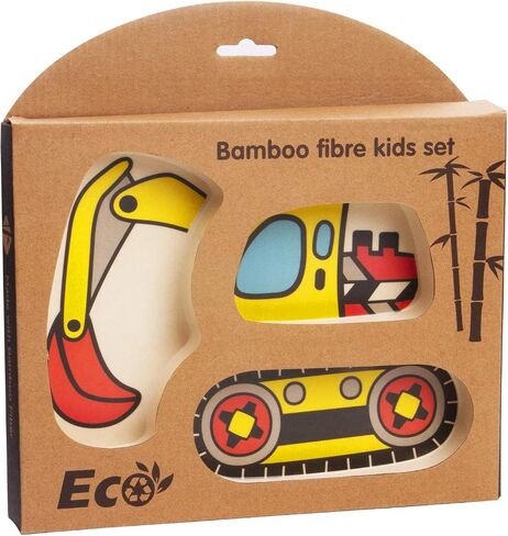 Kid Plate Set Bamboo Toddler Plates Dinnerware Dinner Dish Set Baby Feeding Spill Proof Divided Plate - Baby Spoon and fork 3-Piece Set for Kids and Toddlers (excavator) in Kuwait