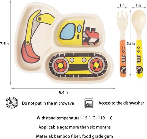 Kid Plate Set Bamboo Toddler Plates Dinnerware Dinner Dish Set Baby Feeding Spill Proof Divided Plate - Baby Spoon and fork 3-Piece Set for Kids and Toddlers (excavator) in Kuwait