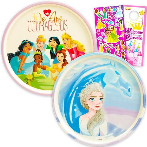 Disney Princess Kids Dinnerware Set - Durable Dishes for Girl Bundle 2 Pack | Dishwasher-Safe with 2 Dinner Plates with Elsa and Disney Princesses Plus Stickers | Disney Frozen Dining Set for Kids in Kuwait