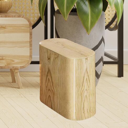 Trash Can with Push-Button Lid, Waste Bin, Wastepaper Basket, Made of Waterproof, Narrow PP for Small Such As, Bedroom, Office, Wood Color in Kuwait