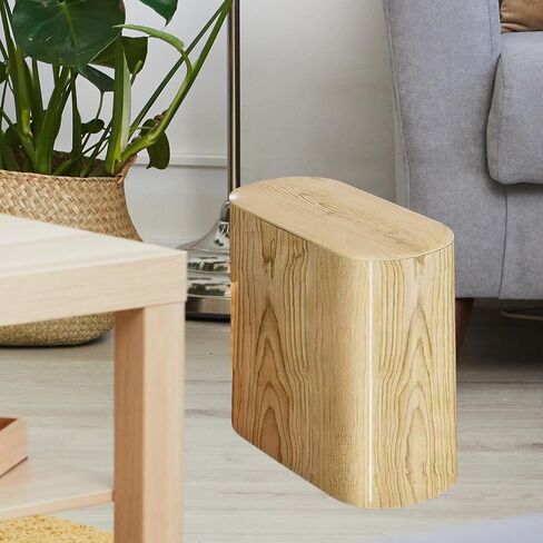 Trash Can with Push-Button Lid, Waste Bin, Wastepaper Basket, Made of Waterproof, Narrow PP for Small Such As, Bedroom, Office, Wood Color in Kuwait
