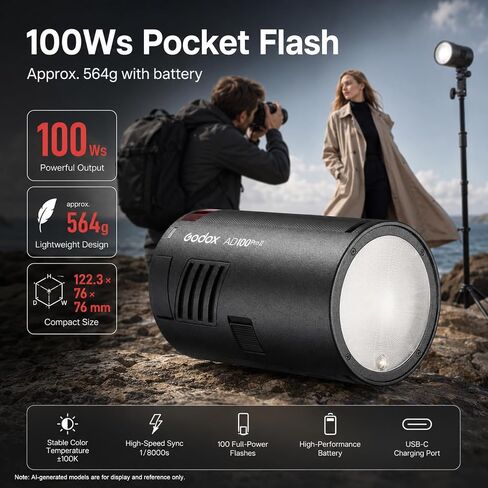 Godox AD100Pro II 100Ws Portable Battery Powered Pocket Strobe Flash | TTL HSS 1/8000s, 2850mAh Battery, USB-C fast charge, 490 Full Power Flashes for portrait wedding travel photography in Kuwait