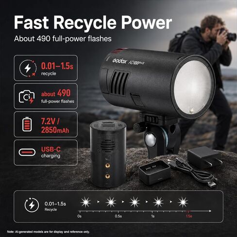 Godox AD100Pro II 100Ws Portable Battery Powered Pocket Strobe Flash | TTL HSS 1/8000s, 2850mAh Battery, USB-C fast charge, 490 Full Power Flashes for portrait wedding travel photography in Kuwait