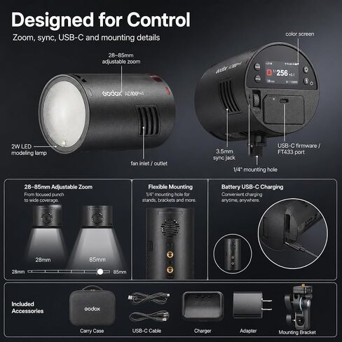 Godox AD100Pro II 100Ws Portable Battery Powered Pocket Strobe Flash | TTL HSS 1/8000s, 2850mAh Battery, USB-C fast charge, 490 Full Power Flashes for portrait wedding travel photography in Kuwait