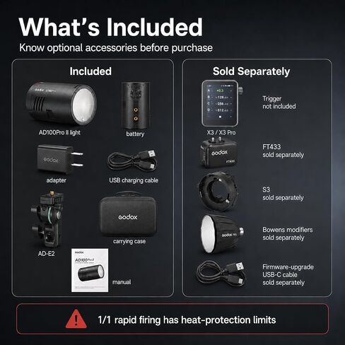 Godox AD100Pro II 100Ws Portable Battery Powered Pocket Strobe Flash | TTL HSS 1/8000s, 2850mAh Battery, USB-C fast charge, 490 Full Power Flashes for portrait wedding travel photography in Kuwait