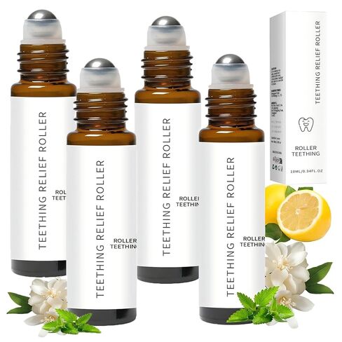Teething Roller All Natural, Natural Gum Relief with Chamomile & Rose Oil, Gentle Massage Applicator, Essential Oil Massage Roller (4PCS, 10ML) in Kuwait