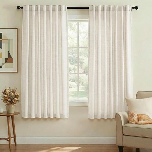 PrinceDeco Linen Curtains 63 inch Length for Living Room/Bedroom, Thick Linen Blend Rod Pocket Back Tab Window Treatment Semi Sheer Privacy Drapes for Nursery Farmhouse 2 Panels, Linen,52 x63 Inch in Kuwait
