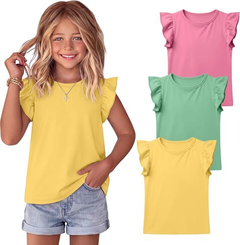 3 Pack Toddler Girls Ruffle Sleeve T-Shirts | Short Flutter Sleeve Tops, Kids Tees, Cotton, Little Girls Clothes, Solid Cute Shirts, Casual, School, 18-24M 2T 3T 4T 5T in Kuwait