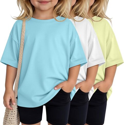 3 Pack Toddler Girls Oversized Shirts Baby Crewneck Short Sleeve Tops Kids Summer Loose Fit Soft Back to School Tee in Kuwait