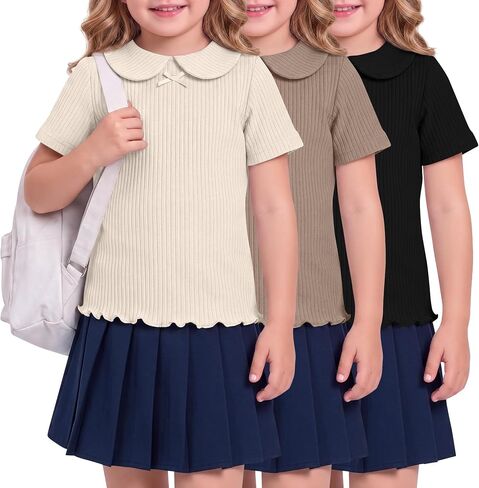 3 Pack Toddler Girls' Uniform Polos | Short Sleeve, Lettuce Trim, Doll Collar, Ribbed Knit, Basic Tees, School, for Kids 18M-5T in Kuwait