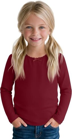 Toddler Girls Long Sleeve Shirts Crew Neck Lace Trim Bow Baby Tops Casual Soft Baggy Cotton Blend Clothes 18M-5T in Kuwait