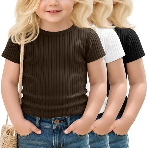 Halfchet 3 Pack Toddler Girl's T-Shirts 18M-5T Infant Cap Sleeve Ribbed Crew Neck Shirts Baby Summer Tops Basic Casual Tees in Kuwait