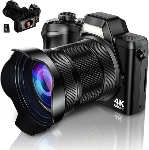 4K Digital Camera for Photography, 56MP Autofocus Vlogging Camera for YouTube Travel, 3" 180°Flip Screen & Lens Hood 16X Zoom, 32GB SD Card for Teens & Beginners in Kuwait