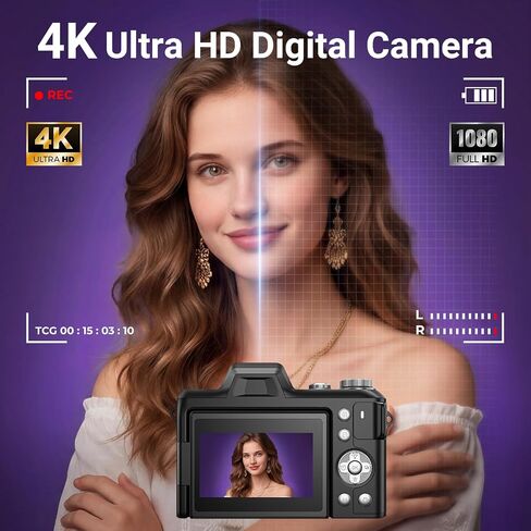 4K Digital Camera for Photography, 56MP Autofocus Vlogging Camera for YouTube Travel, 3" 180°Flip Screen & Lens Hood 16X Zoom, 32GB SD Card for Teens & Beginners in Kuwait