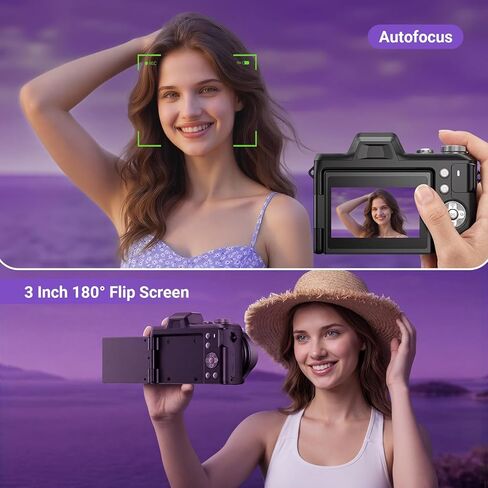 4K Digital Camera for Photography, 56MP Autofocus Vlogging Camera for YouTube Travel, 3" 180°Flip Screen & Lens Hood 16X Zoom, 32GB SD Card for Teens & Beginners in Kuwait